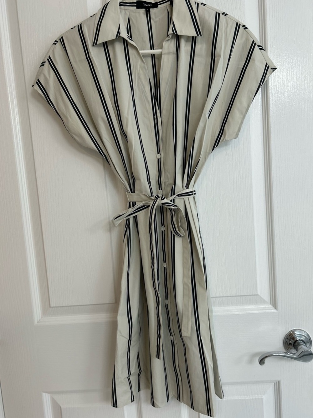 Theory Black and Off White Midi Shirtdress with Tie Front